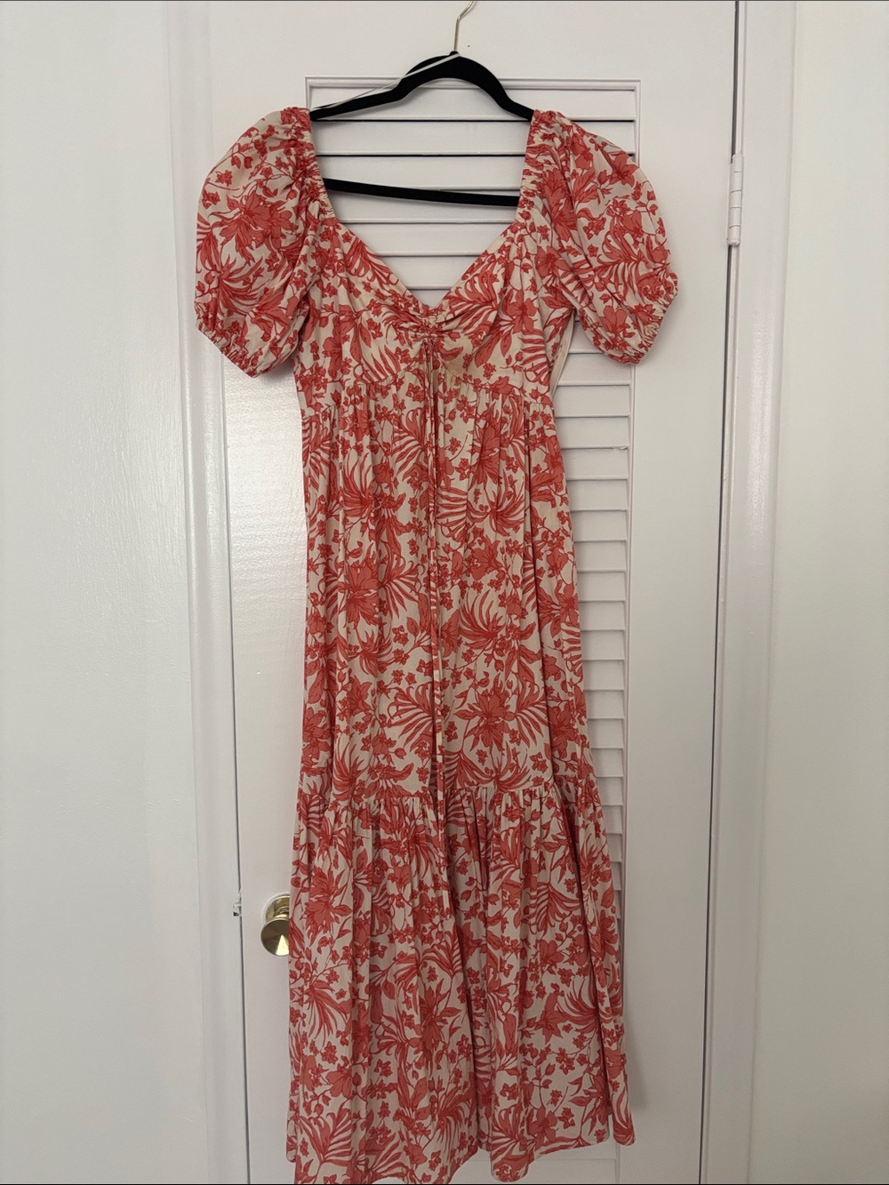 Aqua Coral and Ivory Floral Maxi Dress with Puff Sleeves